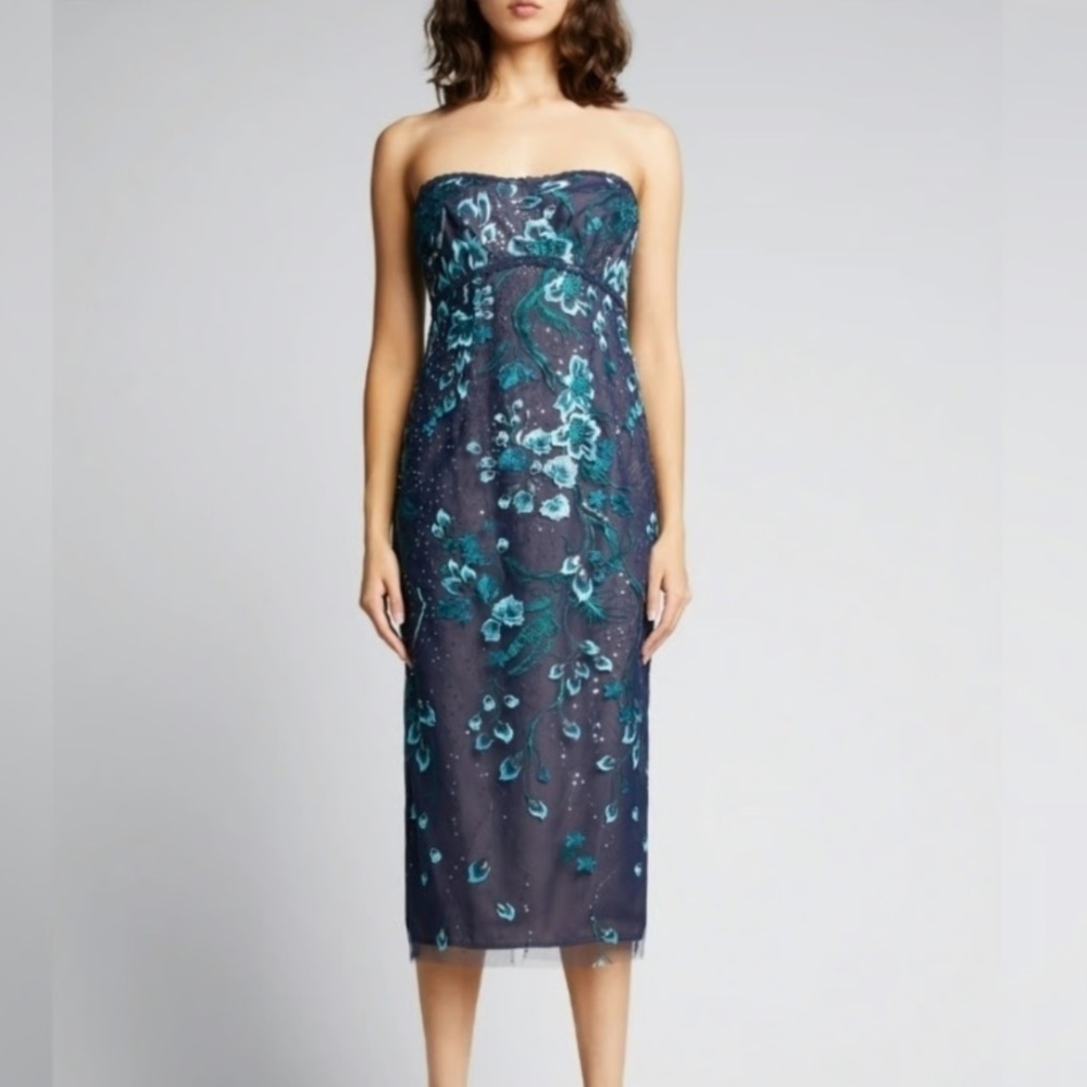 Marchesa Notte Embroidered Tea Length Dress Navy